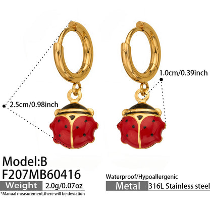 316L Stainless Steel 18K Gold PVD Playful Enamel Ladybug Hoop Earrings - Enamel Ladybug Earrings, Playful Design, Gold Hoop Earrings, Unique Earrings Wholesale Stainless Steel Jewelry - Sensitive Skin Friendly - Detail 13