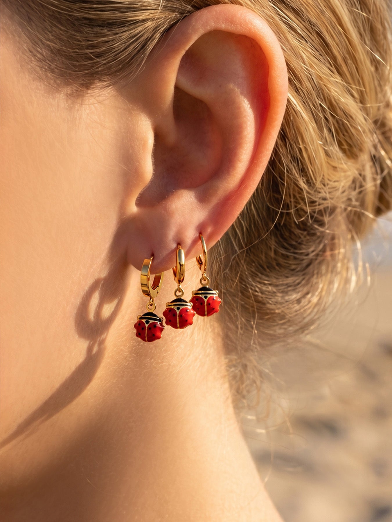316L Stainless Steel 18K Gold PVD Playful Enamel Ladybug Hoop Earrings - Enamel Ladybug Earrings, Playful Design, Gold Hoop Earrings, Unique Earrings Wholesale Stainless Steel Jewelry - Sensitive Skin Friendly - Detail 4