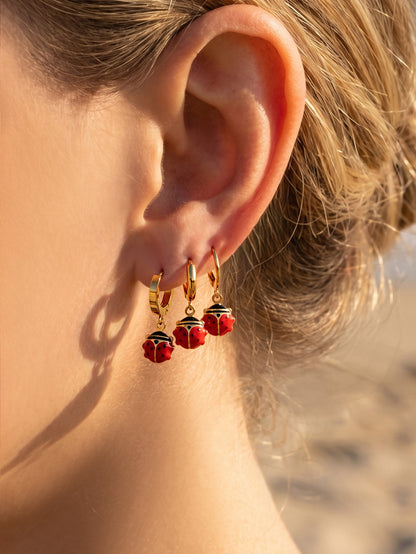 316L Stainless Steel 18K Gold PVD Playful Enamel Ladybug Hoop Earrings - Enamel Ladybug Earrings, Playful Design, Gold Hoop Earrings, Unique Earrings Wholesale Stainless Steel Jewelry - Sensitive Skin Friendly - Detail 4