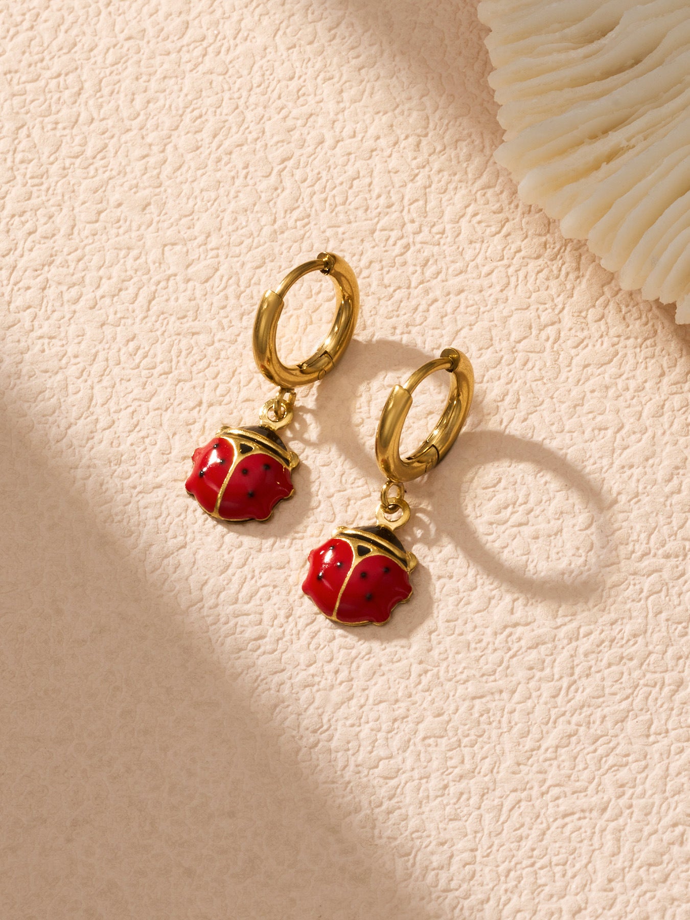 316L Stainless Steel 18K Gold PVD Playful Enamel Ladybug Hoop Earrings - Enamel Ladybug Earrings, Playful Design, Gold Hoop Earrings, Unique Earrings Wholesale Stainless Steel Jewelry - Sensitive Skin Friendly - Detail 5
