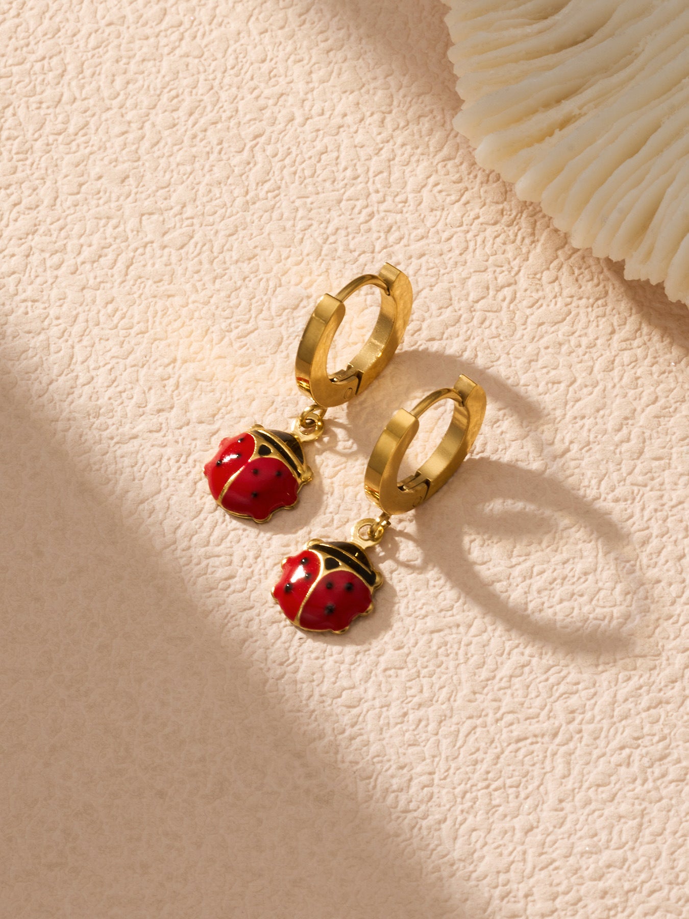 316L Stainless Steel 18K Gold PVD Playful Enamel Ladybug Hoop Earrings - Enamel Ladybug Earrings, Playful Design, Gold Hoop Earrings, Unique Earrings Wholesale Stainless Steel Jewelry - Sensitive Skin Friendly - Detail 6