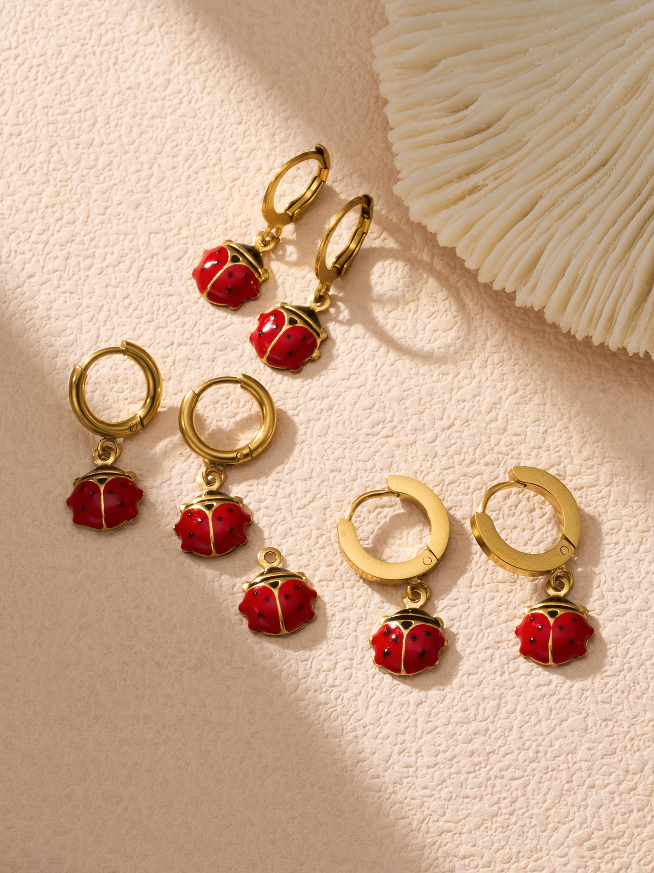 316L Stainless Steel 18K Gold PVD Playful Enamel Ladybug Hoop Earrings - Enamel Ladybug Earrings, Playful Design, Gold Hoop Earrings, Unique Earrings Wholesale Stainless Steel Jewelry - Sensitive Skin Friendly - Detail 7