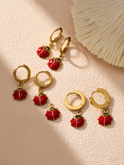 316L Stainless Steel 18K Gold PVD Playful Enamel Ladybug Hoop Earrings - Enamel Ladybug Earrings, Playful Design, Gold Hoop Earrings, Unique Earrings Wholesale Stainless Steel Jewelry - Sensitive Skin Friendly - Detail 7