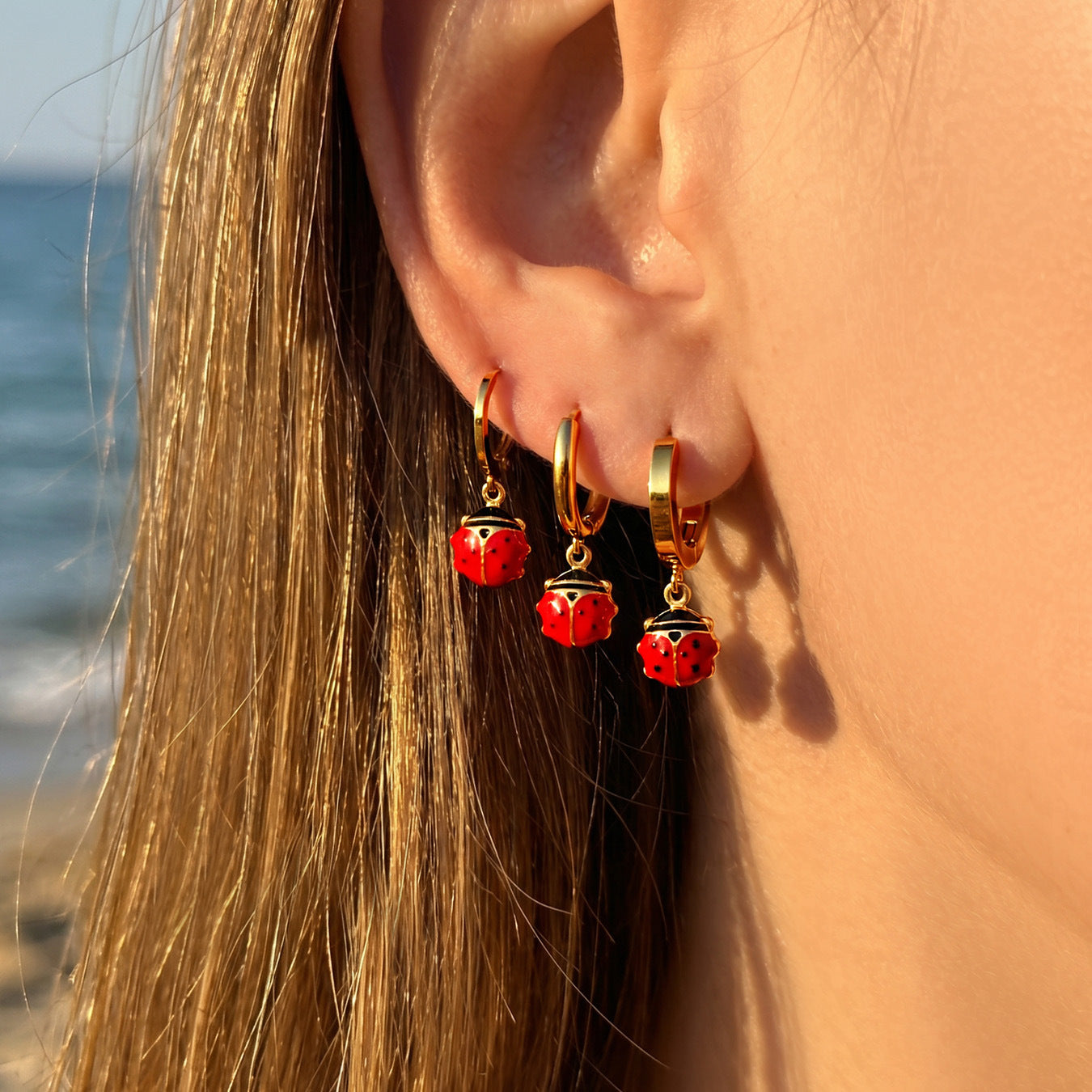 316L Stainless Steel 18K Gold PVD Playful Enamel Ladybug Hoop Earrings - Enamel Ladybug Earrings, Playful Design, Gold Hoop Earrings, Unique Earrings Wholesale Stainless Steel Jewelry - Sensitive Skin Friendly - Detail 9