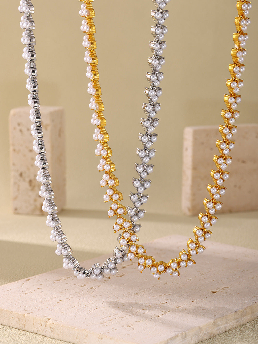316L Stainless Steel 18K Gold PVD Princess Pearl Bead Necklace & Bracelet Collection - Princess Pearl Bead, Coastal Charm, Modern Elegance Wholesale Stainless Steel Jewelry - Sensitive Skin Friendly - Detail 2