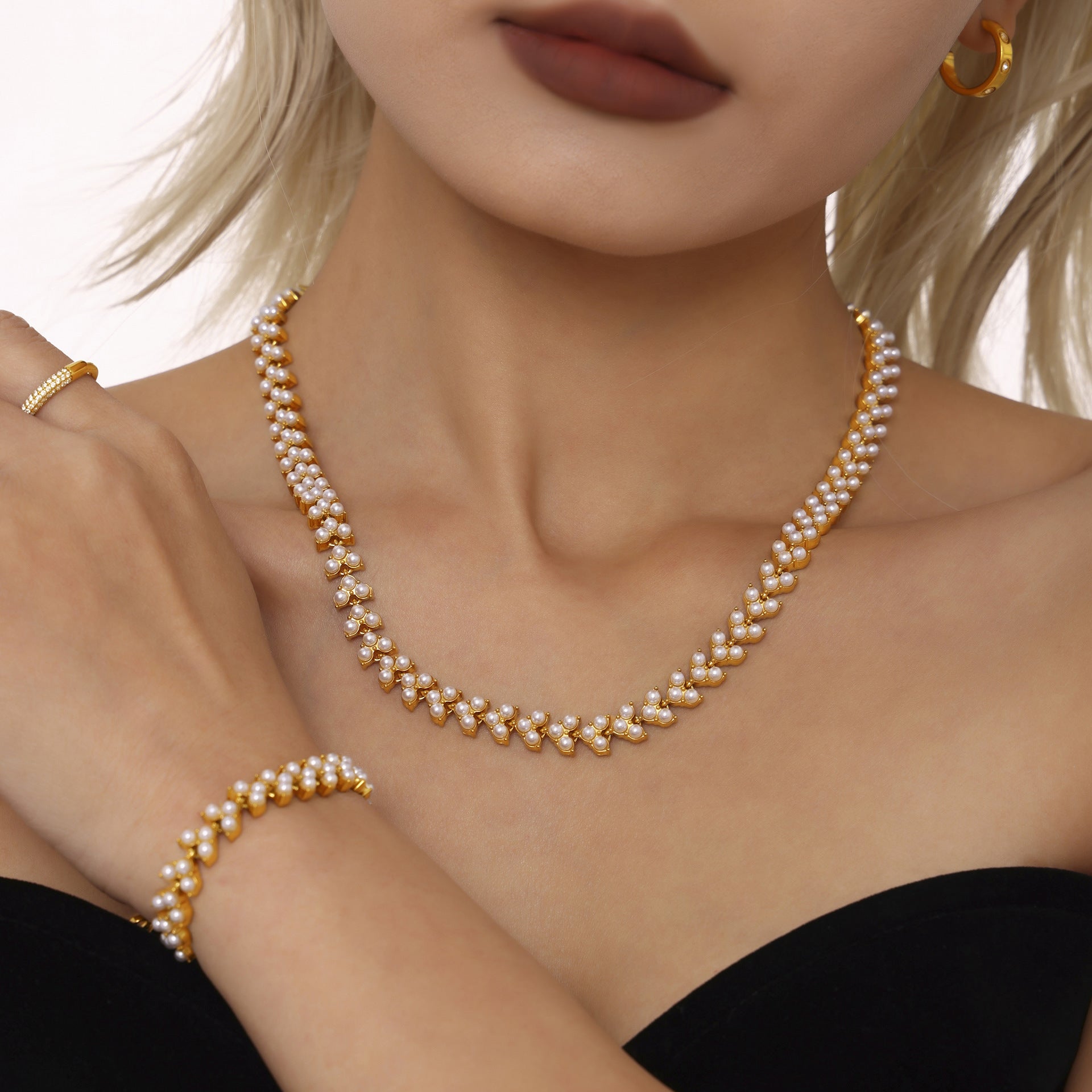 316L Stainless Steel 18K Gold PVD Princess Pearl Bead Necklace & Bracelet Collection - Princess Pearl Bead, Coastal Charm, Modern Elegance Wholesale Stainless Steel Jewelry - Sensitive Skin Friendly - Detail 3