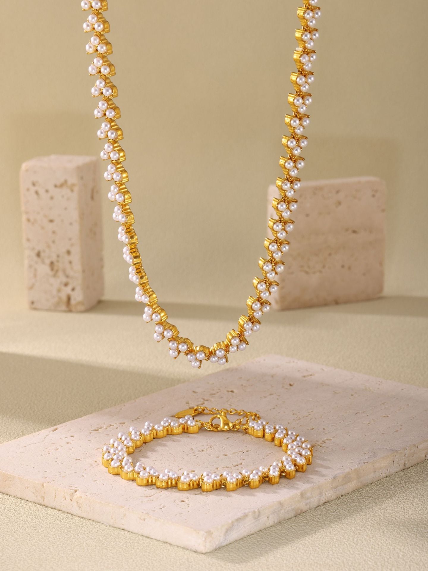 316L Stainless Steel 18K Gold PVD Princess Pearl Bead Necklace & Bracelet Collection - Princess Pearl Bead, Coastal Charm, Modern Elegance Wholesale Stainless Steel Jewelry - Sensitive Skin Friendly - Detail 5
