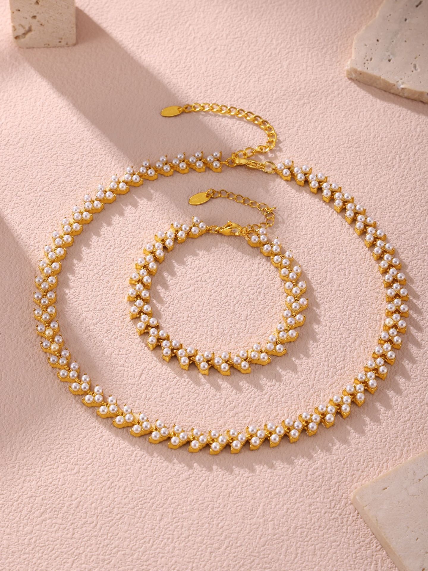 316L Stainless Steel 18K Gold PVD Princess Pearl Bead Necklace & Bracelet Collection - Princess Pearl Bead, Coastal Charm, Modern Elegance Wholesale Stainless Steel Jewelry - Sensitive Skin Friendly - Detail 7