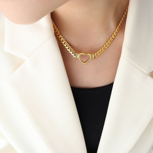 316L Stainless Steel 18K Gold PVD Punk Hip Hop Exaggerated Cuban Chain Heart Ring Necklace - Punk, Hip Hop, Cuban Chain, Heart Ring, Statement, Exaggerated, 18K Gold PVD, Steel, Necklace Wholesale Stainless Steel Jewelry - Sensitive Skin Friendly - Detail 1