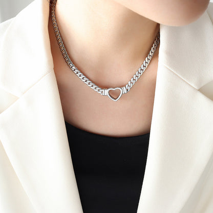 316L Stainless Steel 18K Gold PVD Punk Hip Hop Exaggerated Cuban Chain Heart Ring Necklace - Punk, Hip Hop, Cuban Chain, Heart Ring, Statement, Exaggerated, 18K Gold PVD, Steel, Necklace Wholesale Stainless Steel Jewelry - Sensitive Skin Friendly - Detail 3
