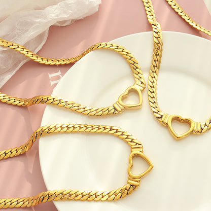 316L Stainless Steel 18K Gold PVD Punk Hip Hop Exaggerated Cuban Chain Heart Ring Necklace - Punk, Hip Hop, Cuban Chain, Heart Ring, Statement, Exaggerated, 18K Gold PVD, Steel, Necklace Wholesale Stainless Steel Jewelry - Sensitive Skin Friendly - Detail 4