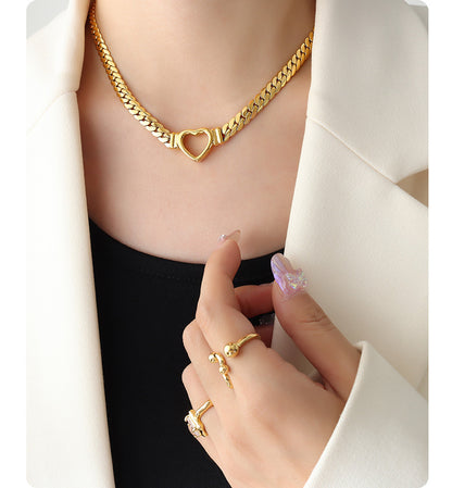 316L Stainless Steel 18K Gold PVD Punk Hip Hop Exaggerated Cuban Chain Heart Ring Necklace - Punk, Hip Hop, Cuban Chain, Heart Ring, Statement, Exaggerated, 18K Gold PVD, Steel, Necklace Wholesale Stainless Steel Jewelry - Sensitive Skin Friendly - Detail 7