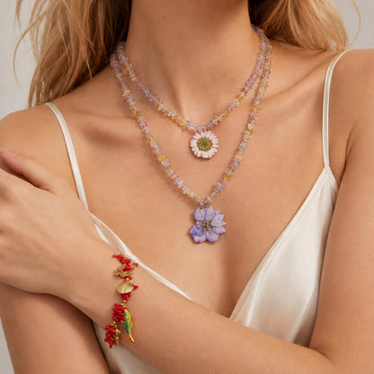 316L Stainless Steel 18K Gold PVD Purple Resin Flower Crystal Necklace - Purple Resin Flower Crystal Necklace Wholesale Stainless Steel Jewelry - Sensitive Skin Friendly - Detail 1