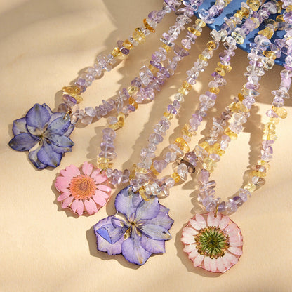 316L Stainless Steel 18K Gold PVD Purple Resin Flower Crystal Necklace - Purple Resin Flower Crystal Necklace Wholesale Stainless Steel Jewelry - Sensitive Skin Friendly - Detail 2