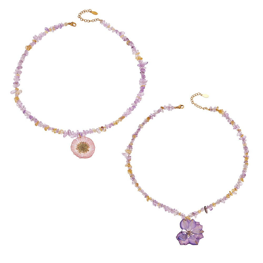 316L Stainless Steel 18K Gold PVD Purple Resin Flower Crystal Necklace - Purple Resin Flower Crystal Necklace Wholesale Stainless Steel Jewelry - Sensitive Skin Friendly - Detail 4