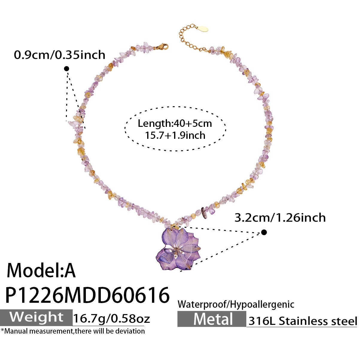 316L Stainless Steel 18K Gold PVD Purple Resin Flower Crystal Necklace - Purple Resin Flower Crystal Necklace Wholesale Stainless Steel Jewelry - Sensitive Skin Friendly - Detail 5