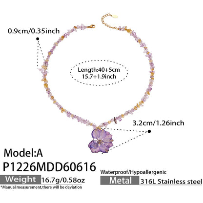 316L Stainless Steel 18K Gold PVD Purple Resin Flower Crystal Necklace - Purple Resin Flower Crystal Necklace Wholesale Stainless Steel Jewelry - Sensitive Skin Friendly - Detail 5