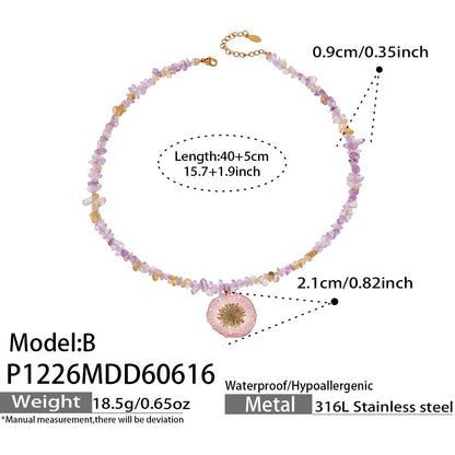 316L Stainless Steel 18K Gold PVD Purple Resin Flower Crystal Necklace - Purple Resin Flower Crystal Necklace Wholesale Stainless Steel Jewelry - Sensitive Skin Friendly - Detail 6