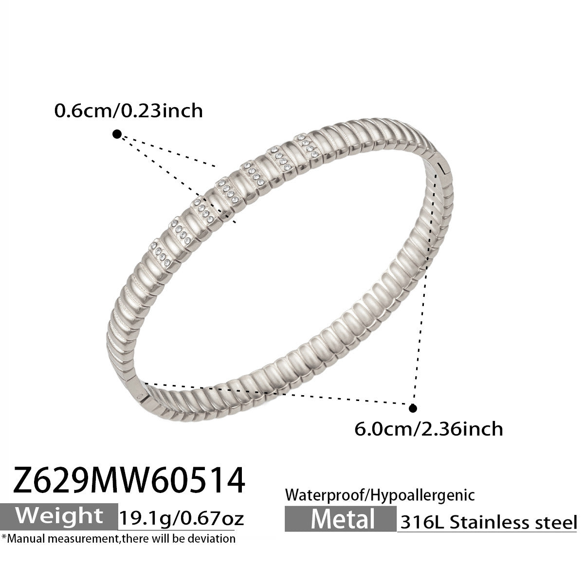 316L Stainless Steel 18K Gold PVD Quilted Snake Bone with Diamond Bangle - Quilted Pattern Snake Bone Diamond Accent Vintage Wholesale Stainless Steel Jewelry - Sensitive Skin Friendly - Detail 13