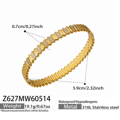 316L Stainless Steel 18K Gold PVD Quilted Snake Bone with Diamond Bangle - Quilted Pattern Snake Bone Diamond Accent Vintage Wholesale Stainless Steel Jewelry - Sensitive Skin Friendly - Detail 16