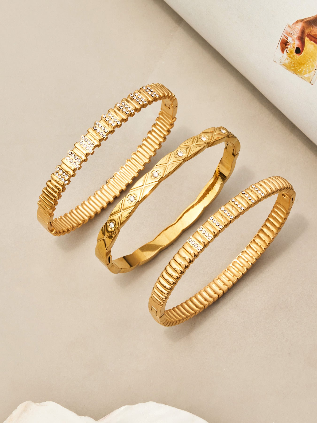316L Stainless Steel 18K Gold PVD Quilted Snake Bone with Diamond Bangle - Quilted Pattern Snake Bone Diamond Accent Vintage Wholesale Stainless Steel Jewelry - Sensitive Skin Friendly - Detail 17