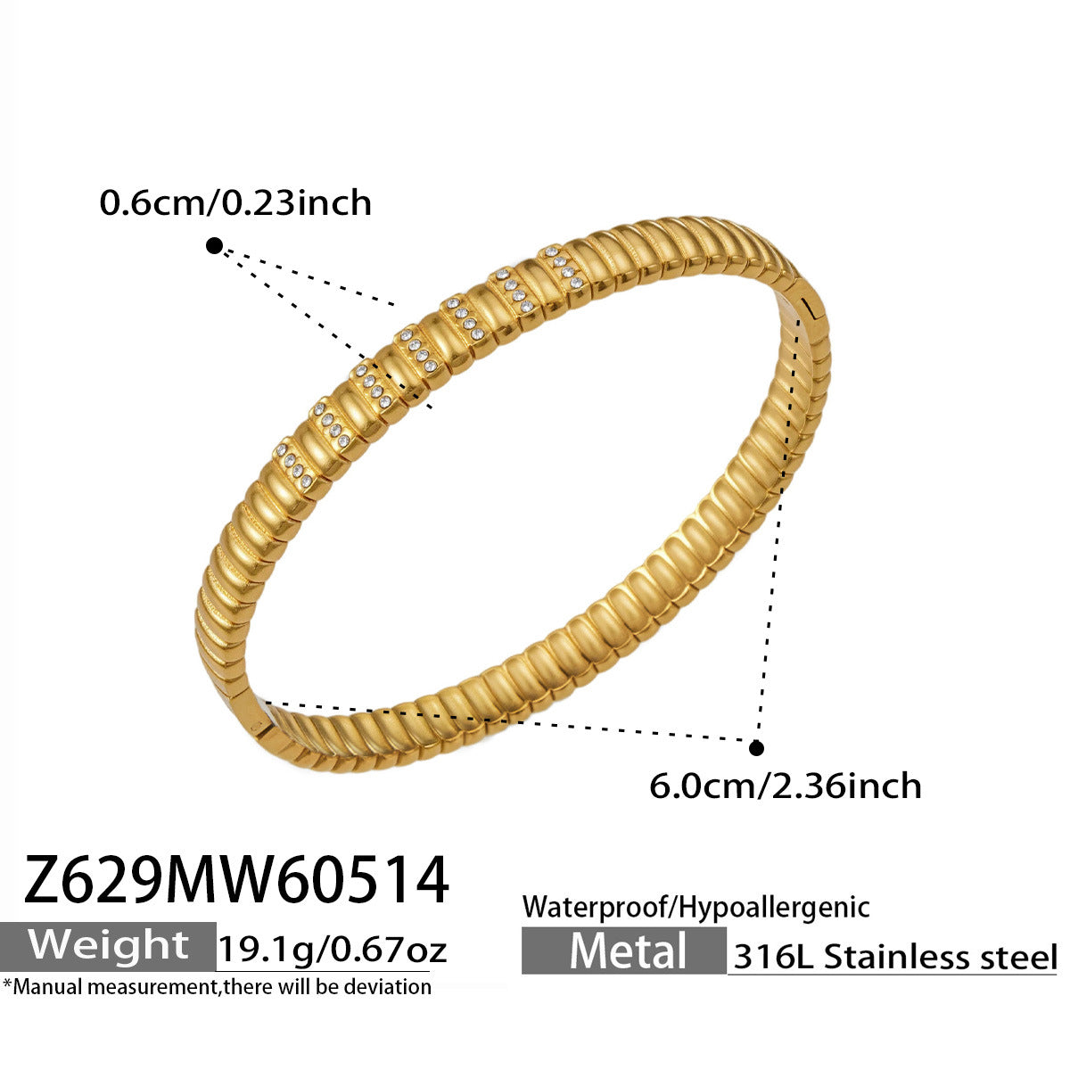 316L Stainless Steel 18K Gold PVD Quilted Snake Bone with Diamond Bangle - Quilted Pattern Snake Bone Diamond Accent Vintage Wholesale Stainless Steel Jewelry - Sensitive Skin Friendly - Detail 2
