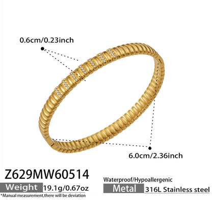 316L Stainless Steel 18K Gold PVD Quilted Snake Bone with Diamond Bangle - Quilted Pattern Snake Bone Diamond Accent Vintage Wholesale Stainless Steel Jewelry - Sensitive Skin Friendly - Detail 2