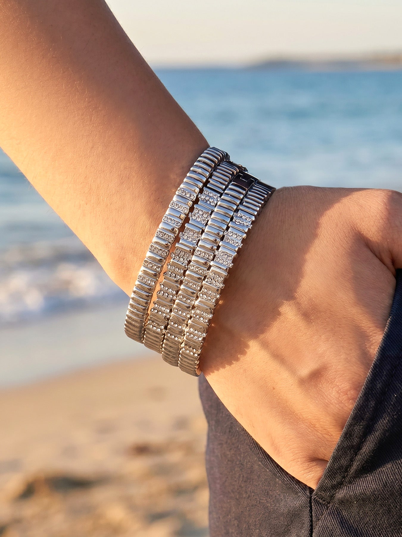 316L Stainless Steel 18K Gold PVD Quilted Snake Bone with Diamond Bangle - Quilted Pattern Snake Bone Diamond Accent Vintage Wholesale Stainless Steel Jewelry - Sensitive Skin Friendly - Detail 3