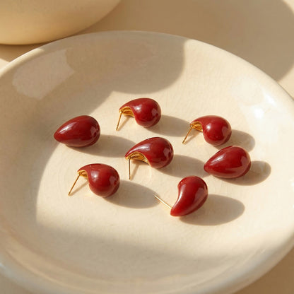 316L Stainless Steel 18K Gold PVD Red Enamel Waterdrop Earrings - Red Enamel Waterdrop Earrings Wholesale Stainless Steel Jewelry - Sensitive Skin Friendly - Detail 19