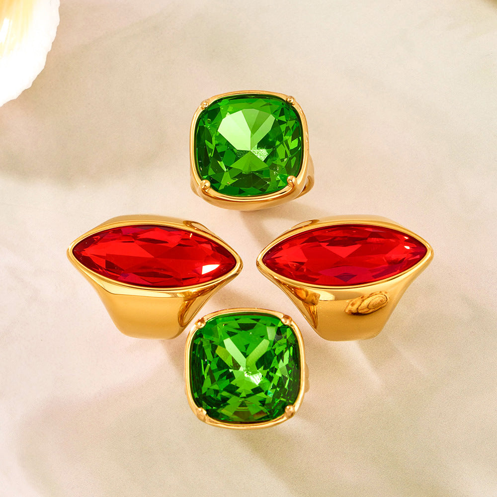 316L Stainless Steel 18K Gold PVD Red Green Glass Stone Light Luxury Ring - Red Green Glass Stone, 18K Gold PVD, Light Luxury Ring, Modern Style Wholesale Stainless Steel Jewelry - Sensitive Skin Friendly - Detail 10