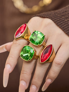 316L Stainless Steel 18K Gold PVD Red Green Glass Stone Light Luxury Ring - Red Green Glass Stone, 18K Gold PVD, Light Luxury Ring, Modern Style Wholesale Stainless Steel Jewelry - Sensitive Skin Friendly - Detail 12