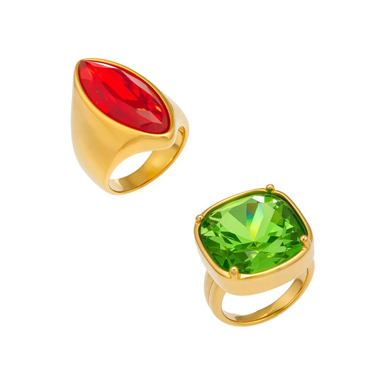 316L Stainless Steel 18K Gold PVD Red Green Glass Stone Light Luxury Ring - Red Green Glass Stone, 18K Gold PVD, Light Luxury Ring, Modern Style Wholesale Stainless Steel Jewelry - Sensitive Skin Friendly - Detail 15