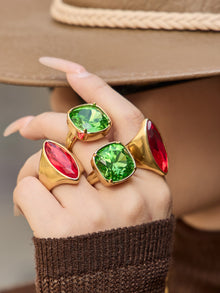 316L Stainless Steel 18K Gold PVD Red Green Glass Stone Light Luxury Ring - Red Green Glass Stone, 18K Gold PVD, Light Luxury Ring, Modern Style Wholesale Stainless Steel Jewelry - Sensitive Skin Friendly - Detail 7