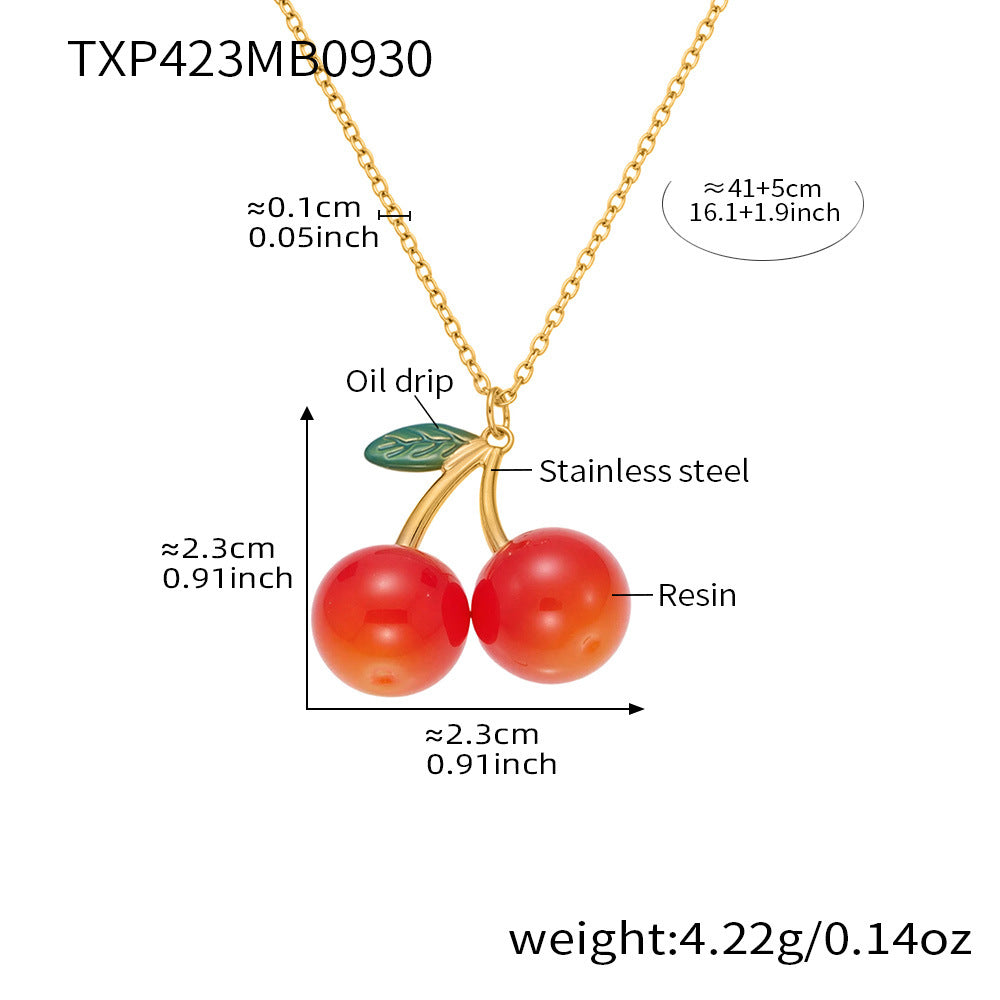 316L Stainless Steel 18K Gold PVD Resin Cherry Pendant Necklace and Earrings Set - Resin Cherry Pendant, Sweet, Playful, Modern, Charming, Fruit Jewelry, Enamel Jewelry Wholesale Stainless Steel Jewelry - Sensitive Skin Friendly - Detail 1