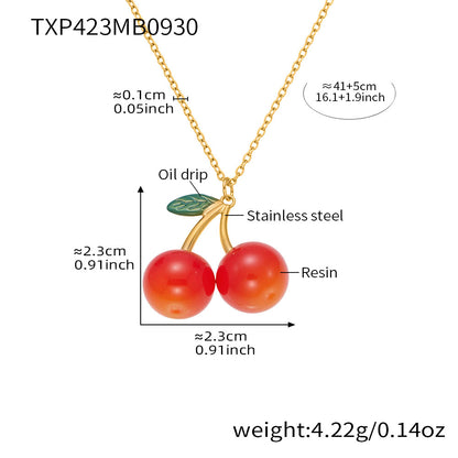316L Stainless Steel 18K Gold PVD Resin Cherry Pendant Necklace and Earrings Set - Resin Cherry Pendant, Sweet, Playful, Modern, Charming, Fruit Jewelry, Enamel Jewelry Wholesale Stainless Steel Jewelry - Sensitive Skin Friendly - Detail 1