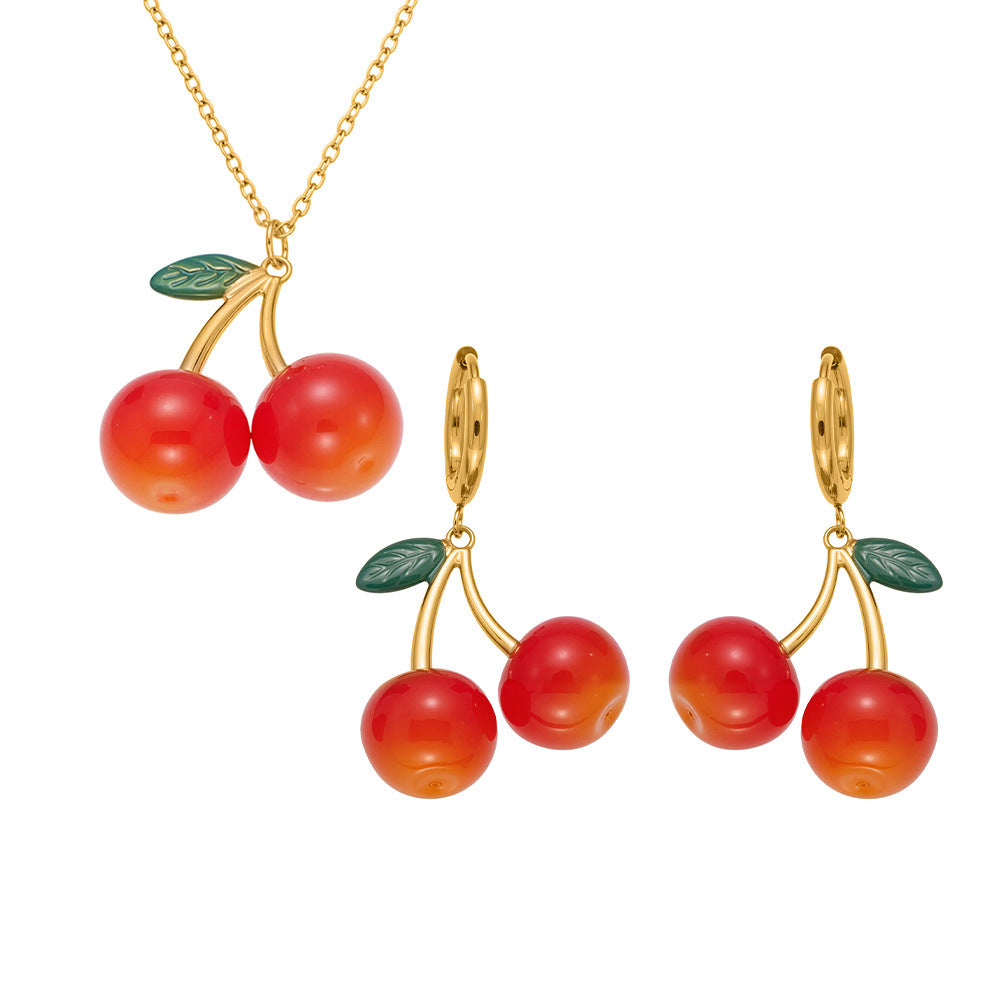 316L Stainless Steel 18K Gold PVD Resin Cherry Pendant Necklace and Earrings Set - Resin Cherry Pendant, Sweet, Playful, Modern, Charming, Fruit Jewelry, Enamel Jewelry Wholesale Stainless Steel Jewelry - Sensitive Skin Friendly - Detail 10