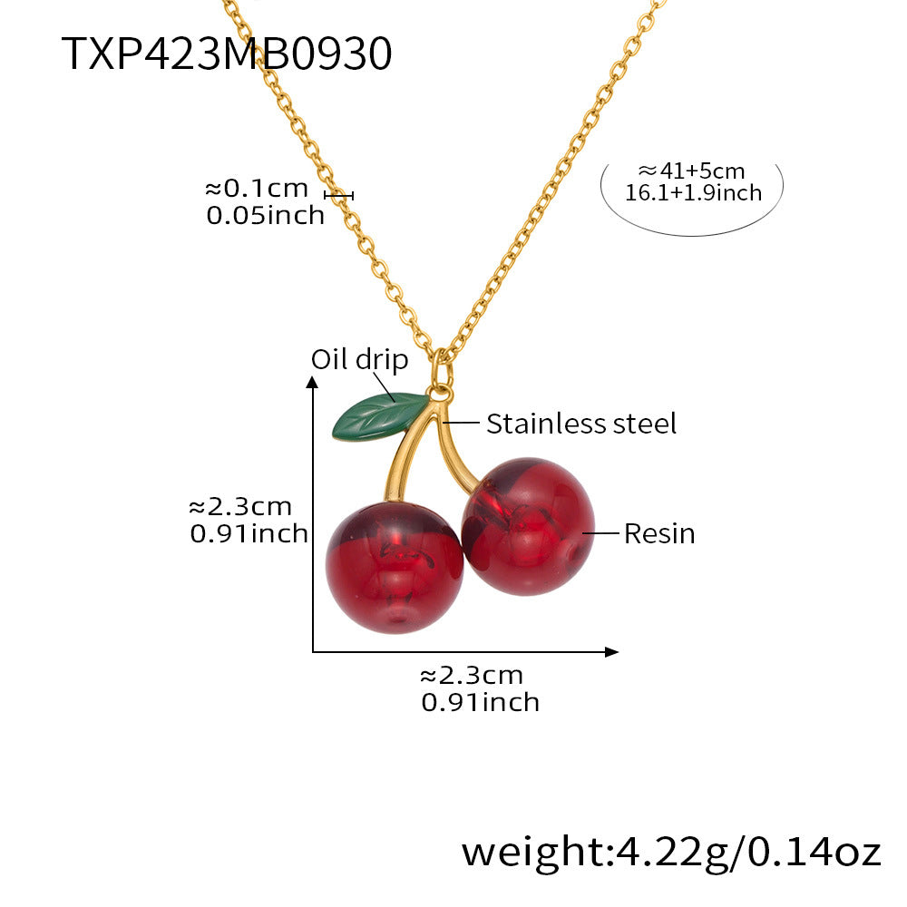 316L Stainless Steel 18K Gold PVD Resin Cherry Pendant Necklace and Earrings Set - Resin Cherry Pendant, Sweet, Playful, Modern, Charming, Fruit Jewelry, Enamel Jewelry Wholesale Stainless Steel Jewelry - Sensitive Skin Friendly - Detail 11
