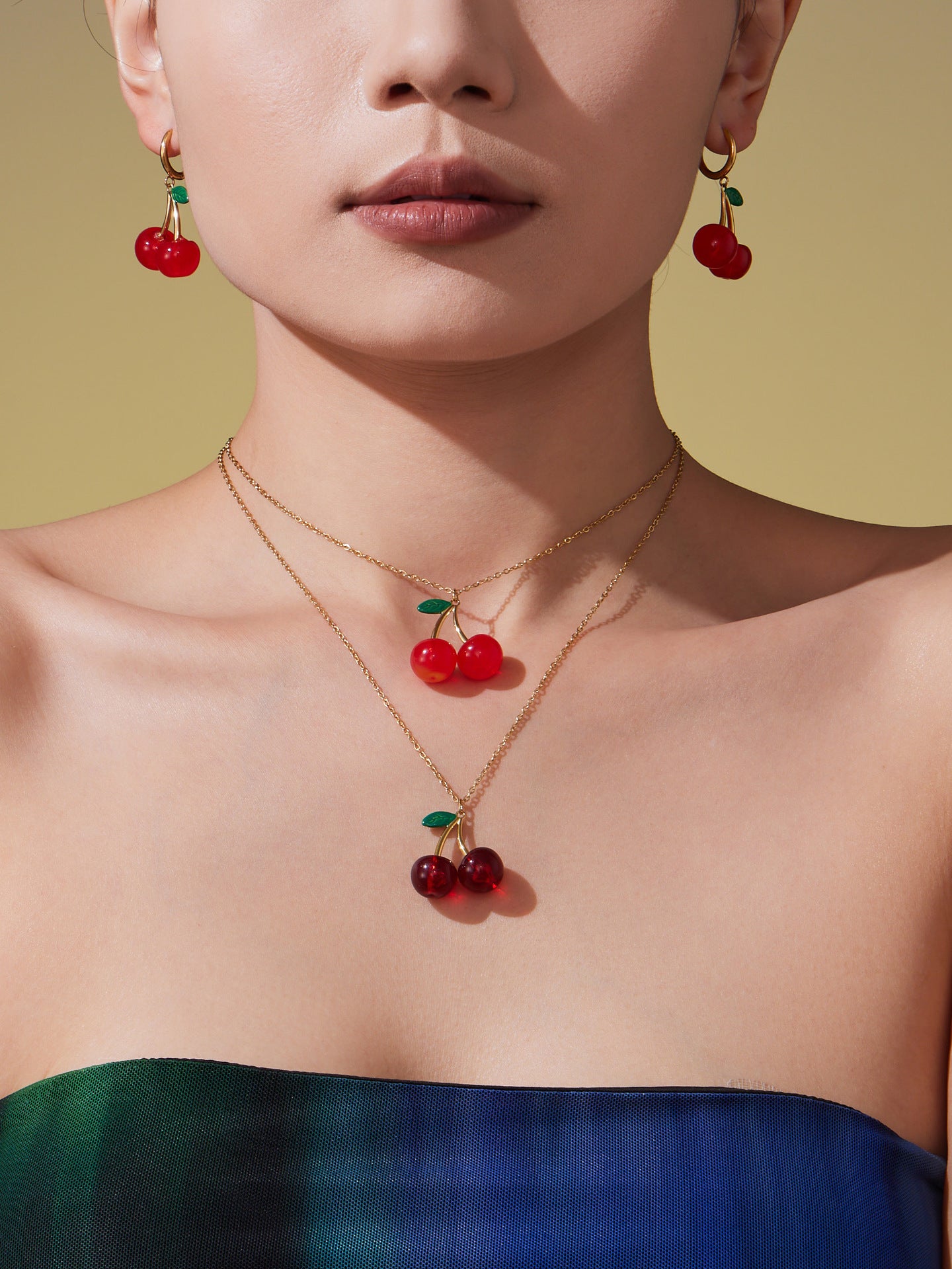 316L Stainless Steel 18K Gold PVD Resin Cherry Pendant Necklace and Earrings Set - Resin Cherry Pendant, Sweet, Playful, Modern, Charming, Fruit Jewelry, Enamel Jewelry Wholesale Stainless Steel Jewelry - Sensitive Skin Friendly - Detail 12