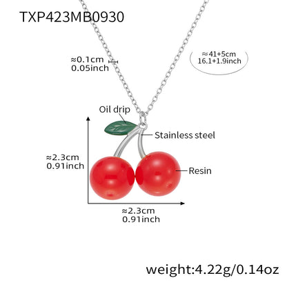 316L Stainless Steel 18K Gold PVD Resin Cherry Pendant Necklace and Earrings Set - Resin Cherry Pendant, Sweet, Playful, Modern, Charming, Fruit Jewelry, Enamel Jewelry Wholesale Stainless Steel Jewelry - Sensitive Skin Friendly - Detail 14