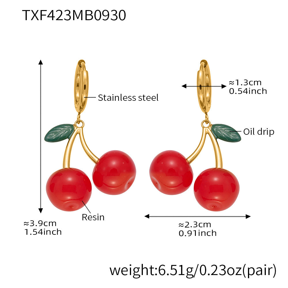 316L Stainless Steel 18K Gold PVD Resin Cherry Pendant Necklace and Earrings Set - Resin Cherry Pendant, Sweet, Playful, Modern, Charming, Fruit Jewelry, Enamel Jewelry Wholesale Stainless Steel Jewelry - Sensitive Skin Friendly - Detail 15