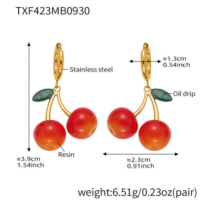316L Stainless Steel 18K Gold PVD Resin Cherry Pendant Necklace and Earrings Set - Resin Cherry Pendant, Sweet, Playful, Modern, Charming, Fruit Jewelry, Enamel Jewelry Wholesale Stainless Steel Jewelry - Sensitive Skin Friendly - Detail 16