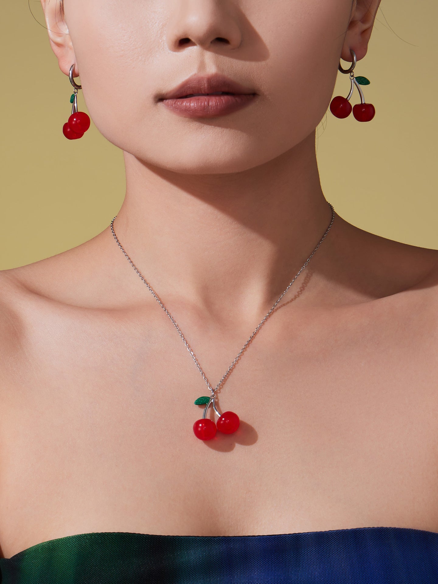 316L Stainless Steel 18K Gold PVD Resin Cherry Pendant Necklace and Earrings Set - Resin Cherry Pendant, Sweet, Playful, Modern, Charming, Fruit Jewelry, Enamel Jewelry Wholesale Stainless Steel Jewelry - Sensitive Skin Friendly - Detail 17