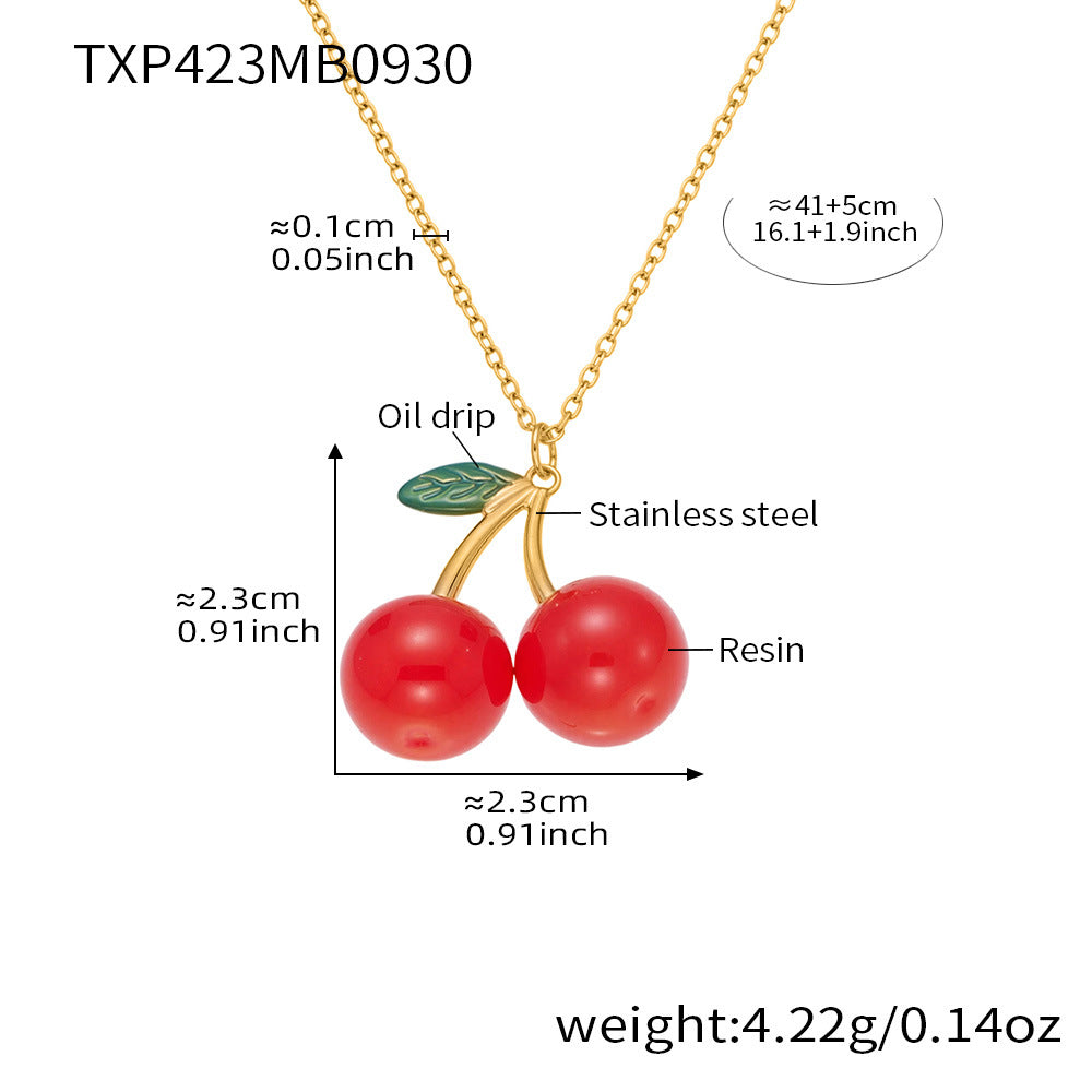 316L Stainless Steel 18K Gold PVD Resin Cherry Pendant Necklace and Earrings Set - Resin Cherry Pendant, Sweet, Playful, Modern, Charming, Fruit Jewelry, Enamel Jewelry Wholesale Stainless Steel Jewelry - Sensitive Skin Friendly - Detail 18