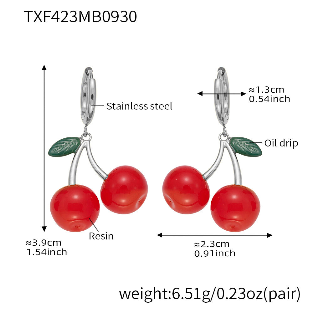316L Stainless Steel 18K Gold PVD Resin Cherry Pendant Necklace and Earrings Set - Resin Cherry Pendant, Sweet, Playful, Modern, Charming, Fruit Jewelry, Enamel Jewelry Wholesale Stainless Steel Jewelry - Sensitive Skin Friendly - Detail 19