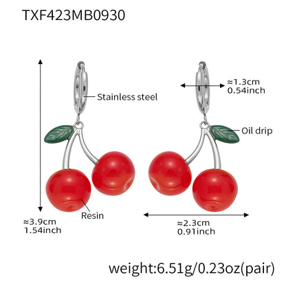 316L Stainless Steel 18K Gold PVD Resin Cherry Pendant Necklace and Earrings Set - Resin Cherry Pendant, Sweet, Playful, Modern, Charming, Fruit Jewelry, Enamel Jewelry Wholesale Stainless Steel Jewelry - Sensitive Skin Friendly - Detail 19