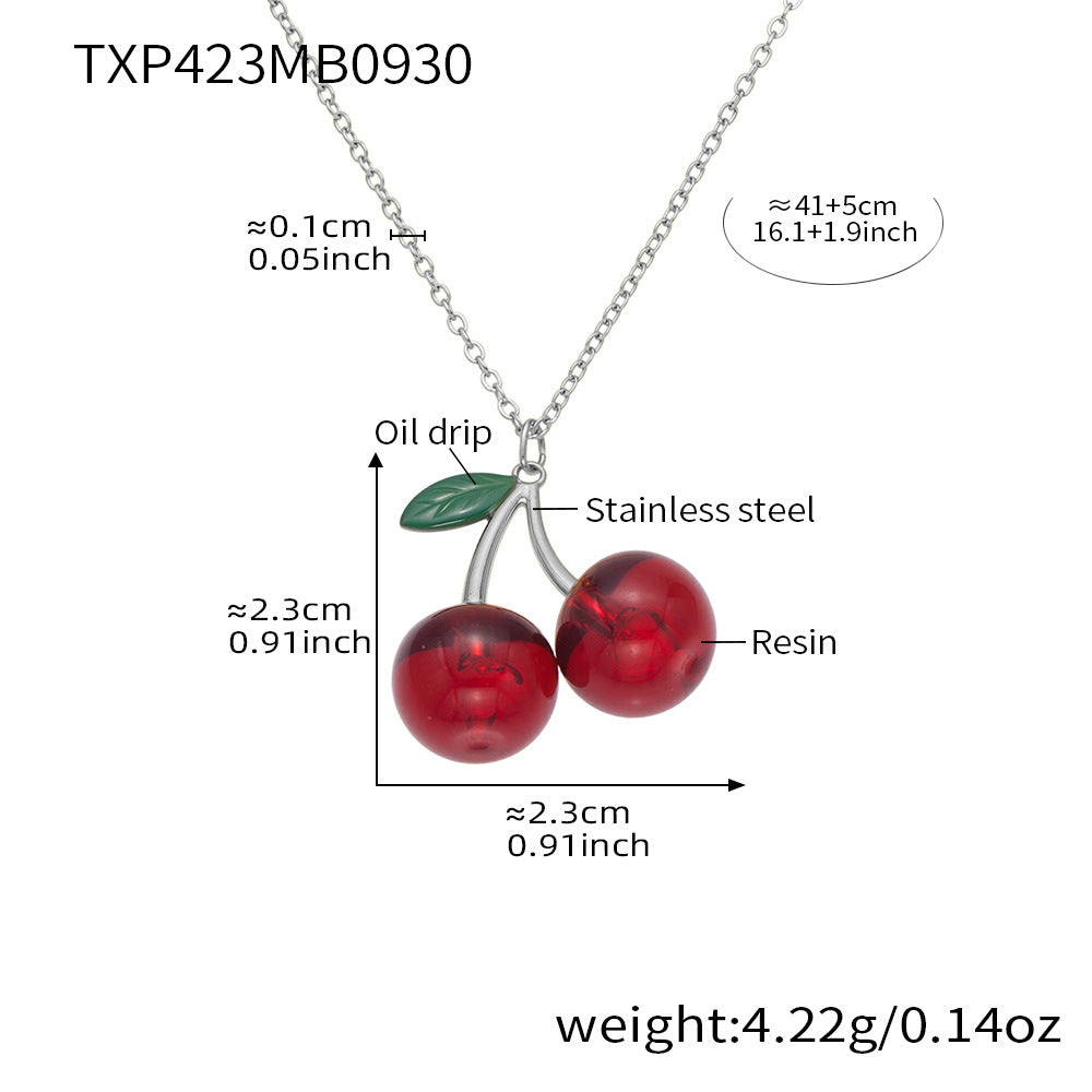 316L Stainless Steel 18K Gold PVD Resin Cherry Pendant Necklace and Earrings Set - Resin Cherry Pendant, Sweet, Playful, Modern, Charming, Fruit Jewelry, Enamel Jewelry Wholesale Stainless Steel Jewelry - Sensitive Skin Friendly - Detail 2