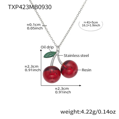 316L Stainless Steel 18K Gold PVD Resin Cherry Pendant Necklace and Earrings Set - Resin Cherry Pendant, Sweet, Playful, Modern, Charming, Fruit Jewelry, Enamel Jewelry Wholesale Stainless Steel Jewelry - Sensitive Skin Friendly - Detail 2