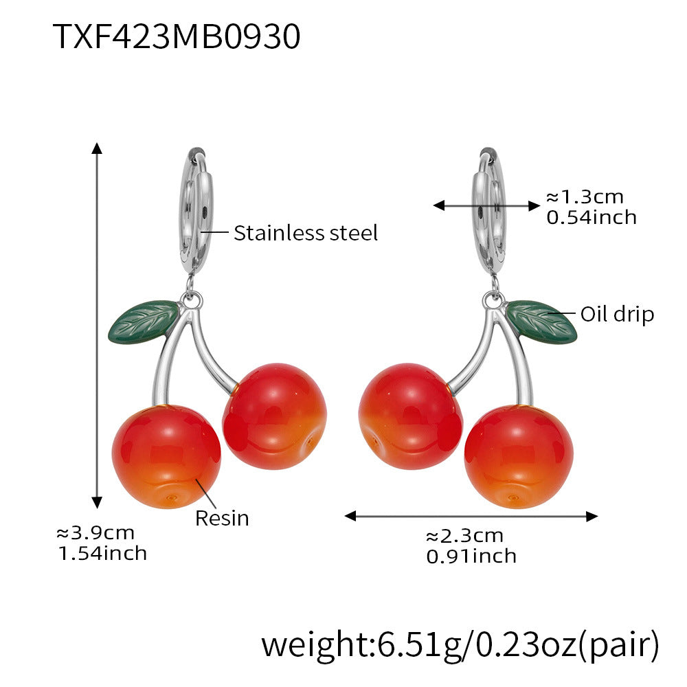 316L Stainless Steel 18K Gold PVD Resin Cherry Pendant Necklace and Earrings Set - Resin Cherry Pendant, Sweet, Playful, Modern, Charming, Fruit Jewelry, Enamel Jewelry Wholesale Stainless Steel Jewelry - Sensitive Skin Friendly - Detail 20