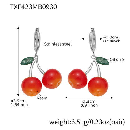 316L Stainless Steel 18K Gold PVD Resin Cherry Pendant Necklace and Earrings Set - Resin Cherry Pendant, Sweet, Playful, Modern, Charming, Fruit Jewelry, Enamel Jewelry Wholesale Stainless Steel Jewelry - Sensitive Skin Friendly - Detail 20