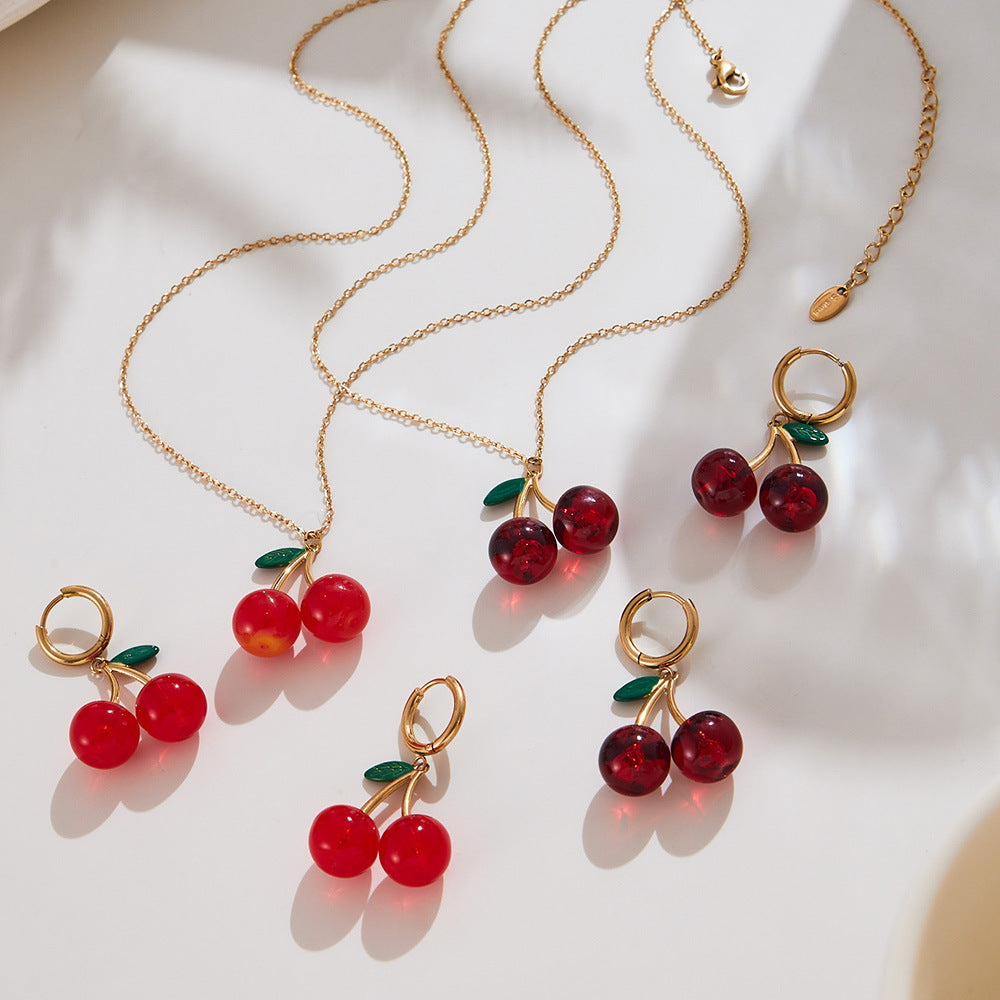 316L Stainless Steel 18K Gold PVD Resin Cherry Pendant Necklace and Earrings Set - Resin Cherry Pendant, Sweet, Playful, Modern, Charming, Fruit Jewelry, Enamel Jewelry Wholesale Stainless Steel Jewelry - Sensitive Skin Friendly - Detail 3